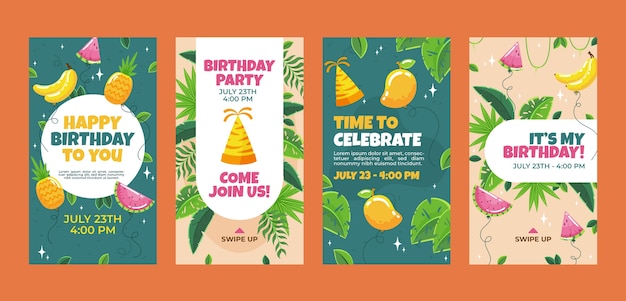 Vector hand drawn jungle birthday party instagram stories