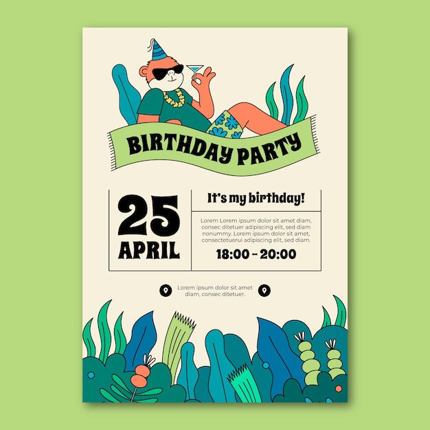 Vector hand drawn jungle birthday party poster