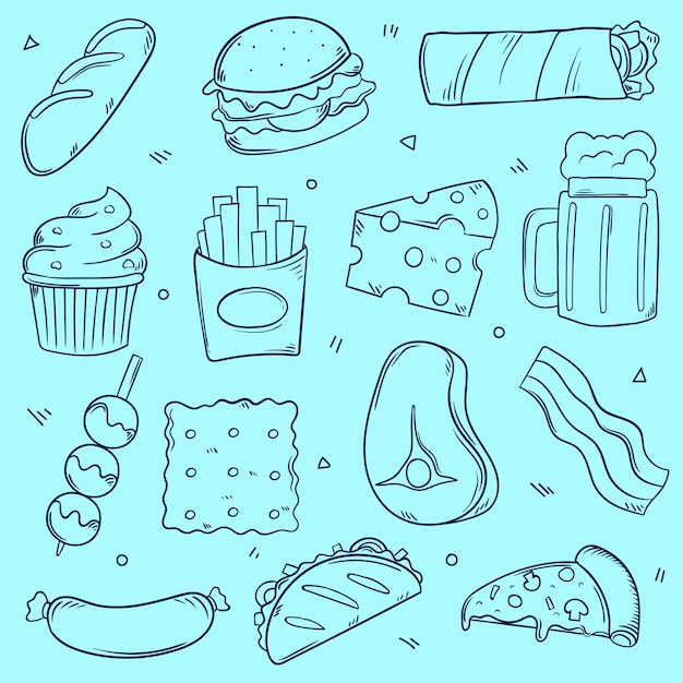 Vector hand drawn junk food doodle set bundle