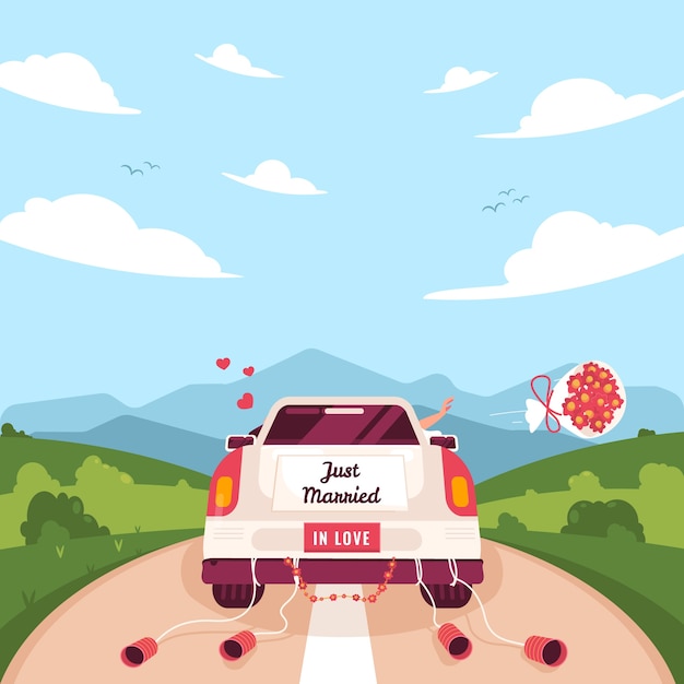 Vector hand drawn just married car illustration