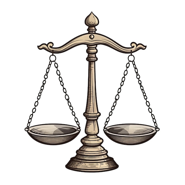 Hand drawn justice scales cartoon vector illustration clipart white background