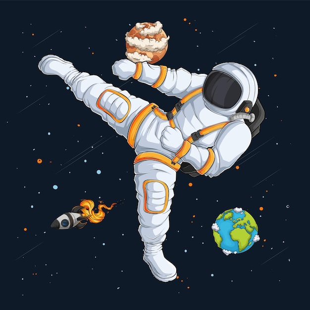 Vettore astronauta di karate o kickboxing disegnato a mano in tuta spaziale che fa un astronauta esterno di arti marziali di calcio al volo