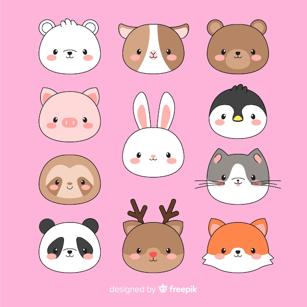 Collezione di facce di animali kawaii disegnati a mano