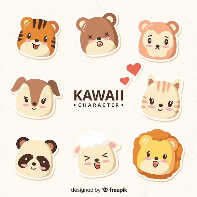 Collezione di facce di animali kawaii disegnati a mano