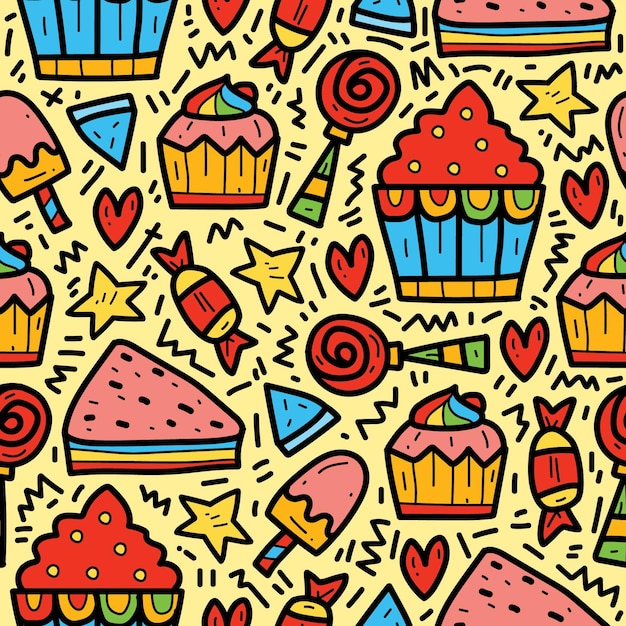 Vector hand drawn kawaii cartoon food doodle pattern design