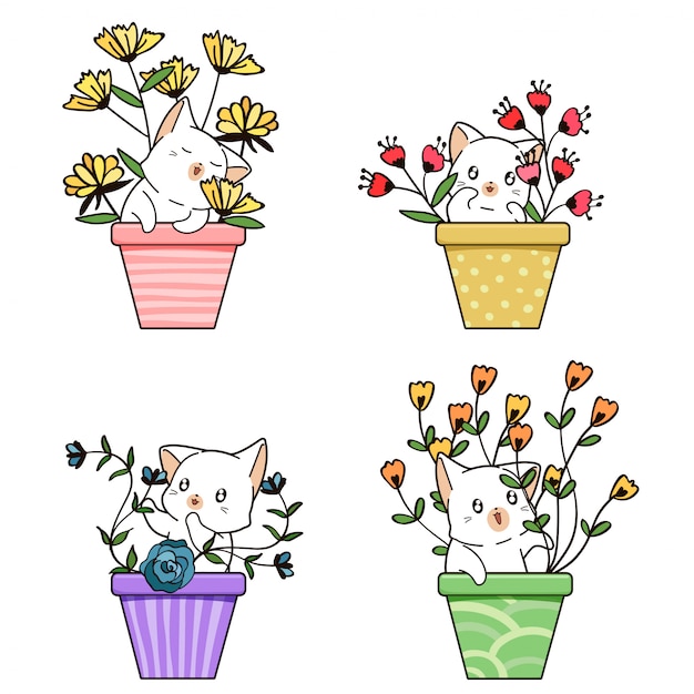 手描きのかわいい猫と花瓶の中の花