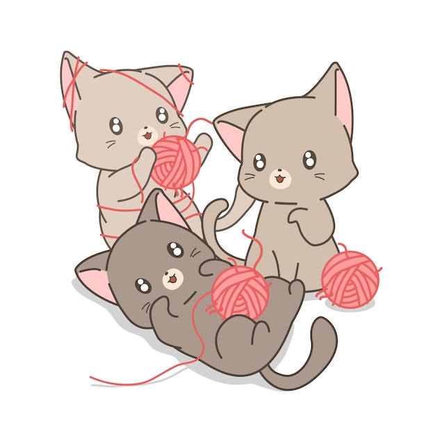 Hand drawn kawaii cats are playing pink yarns and threads