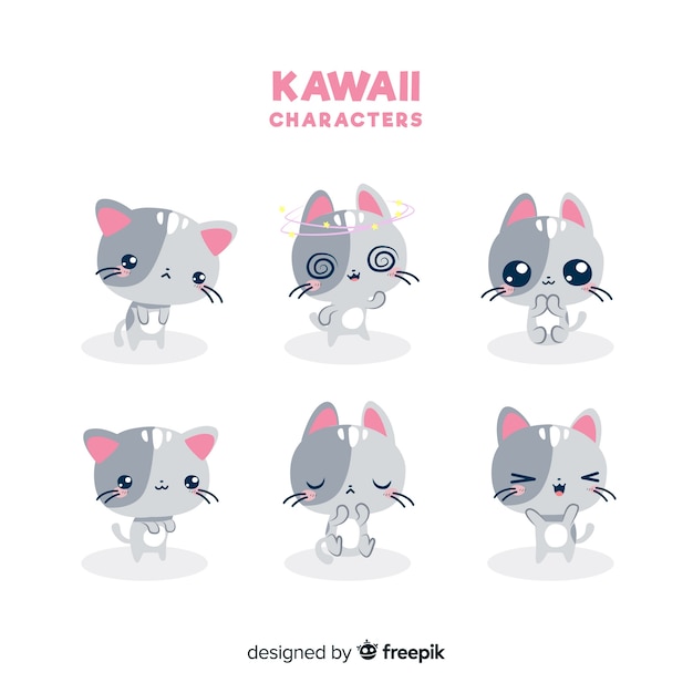 Collezione di gatti kawaii disegnati a mano