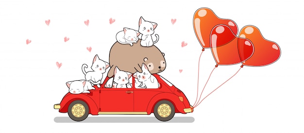 Hand drawn kawaii cats and panda on car with heart balloons