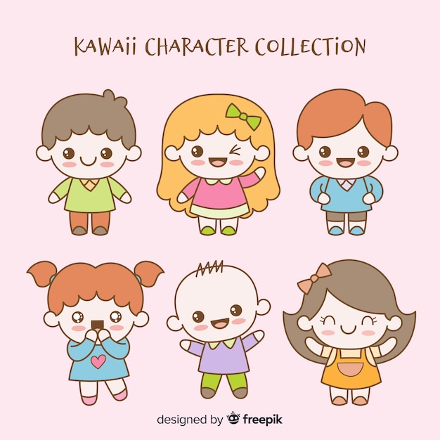 Collezione di personaggi kawaii disegnati a mano