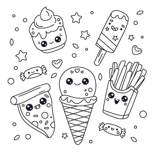 Vector hand drawn kawaii coloring book illustration