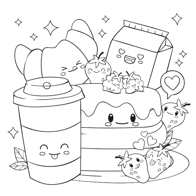 Vector hand drawn kawaii coloring book illustration