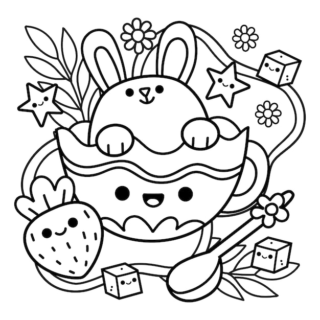 Hand drawn kawaii coloring book illustration