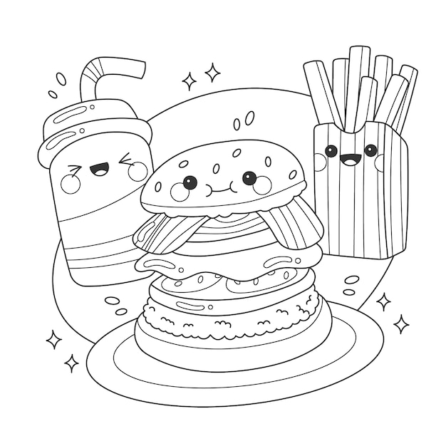 Vector hand drawn kawaii coloring book illustration