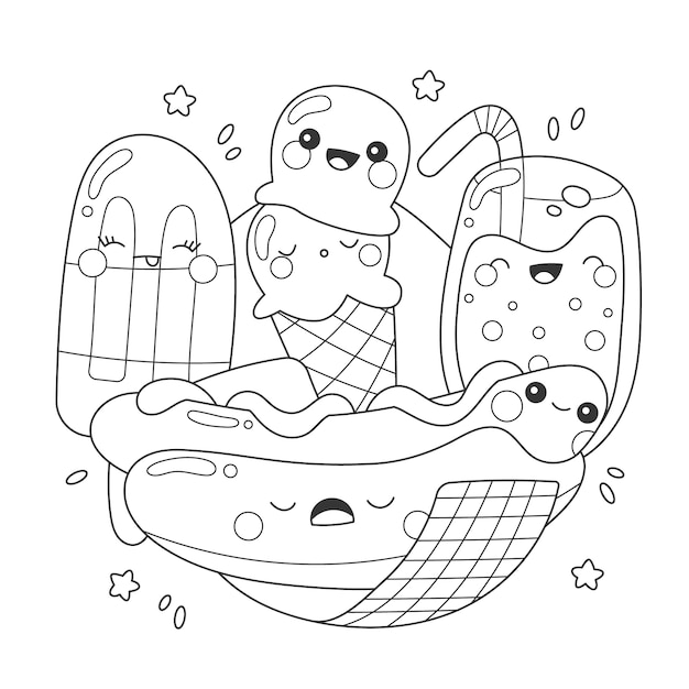 Vector hand drawn kawaii coloring book illustration