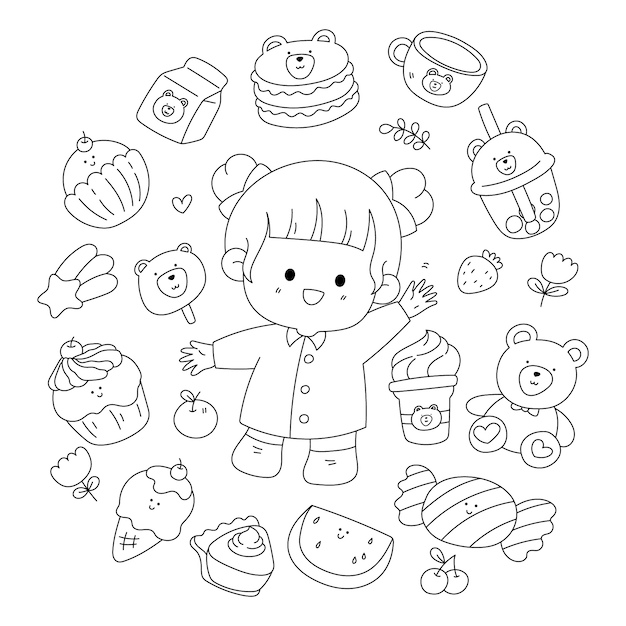 Vector hand drawn kawaii coloring book illustration