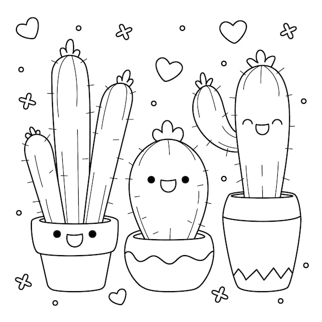 Hand drawn kawaii coloring book illustration