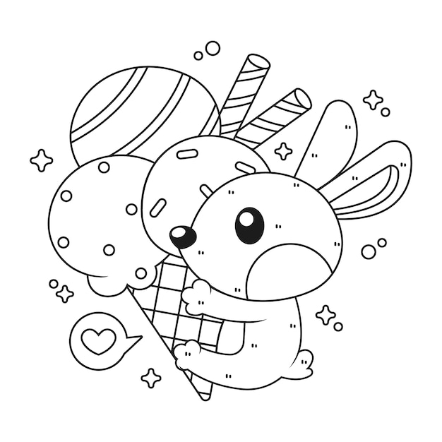 Vector hand drawn kawaii coloring book with ice cream