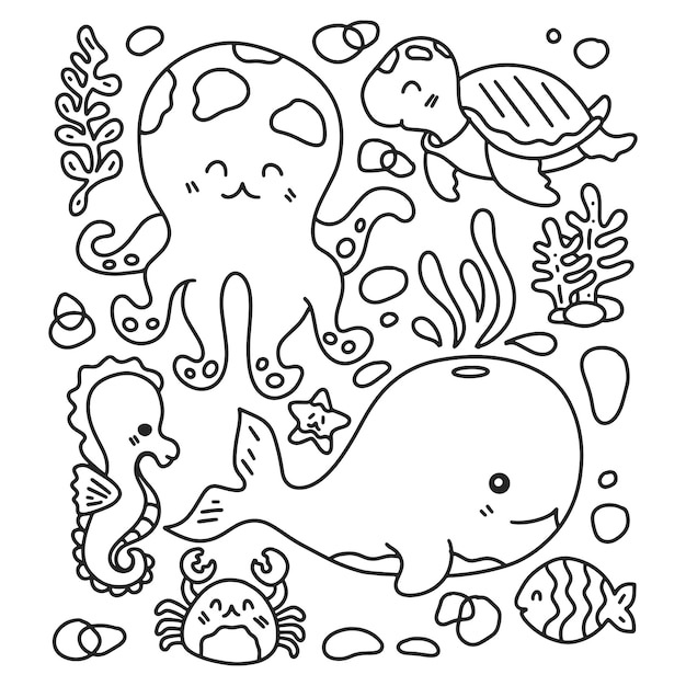 手描きのかわいい海の動物のぬりえページ