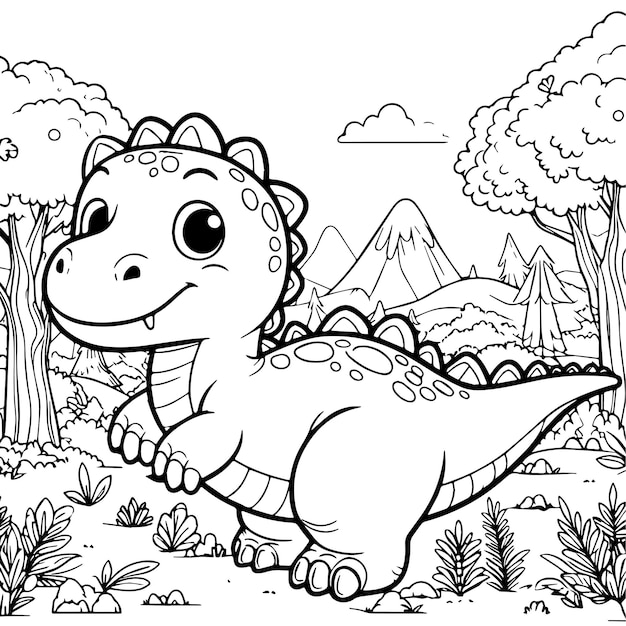 Vector hand drawn kawaii dinosaur coloring book illustration