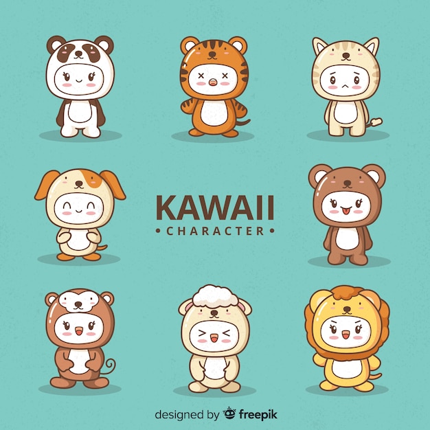 Hand drawn kawaii disguised characters collection