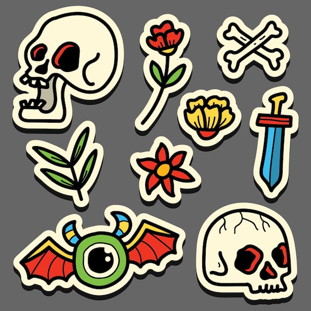 Hand drawn kawaii doodle cartoon skull tattoo sticker design