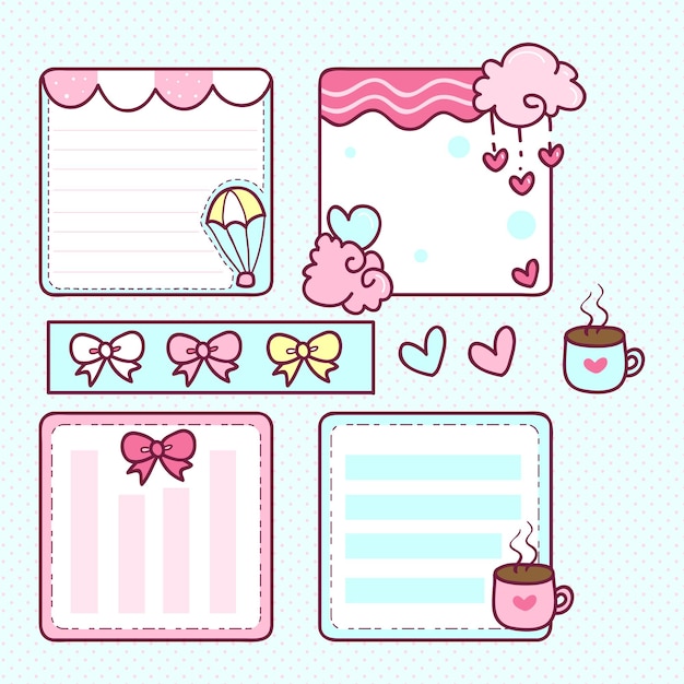 Vettore elementi di note di scrapbook doodle kawaii disegnati a mano