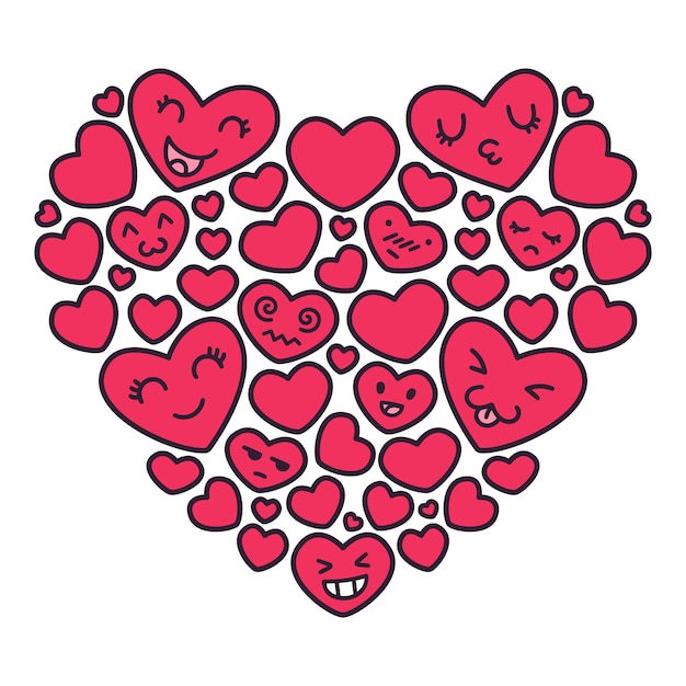 Hand drawn kawaii emoji red hearts  illustrations.