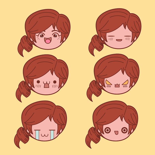 Vector hand drawn kawaii face collection