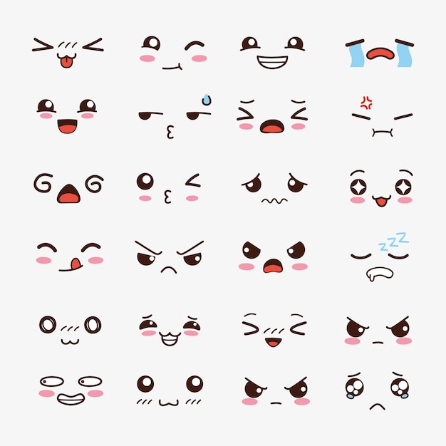 Vector hand drawn kawaii face collection