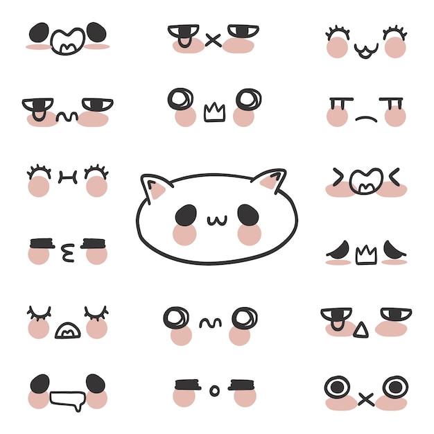 Vector hand drawn kawaii face illustrations