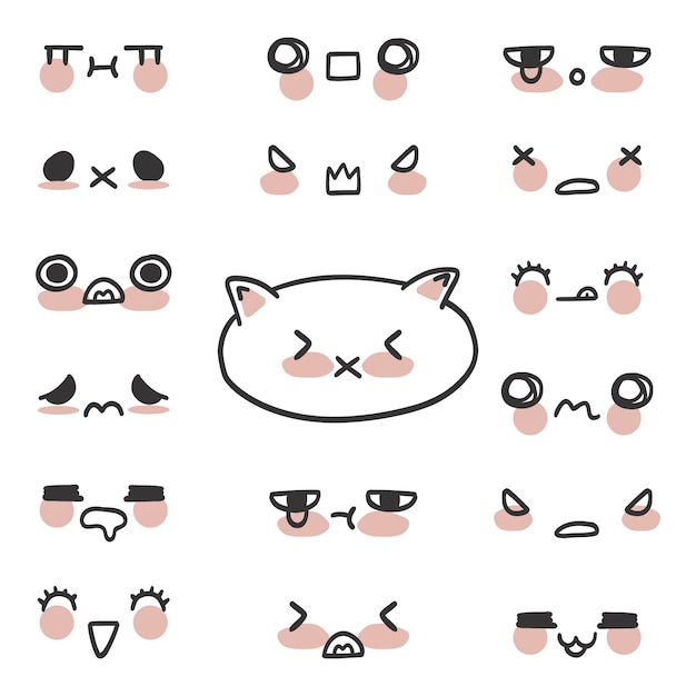 Vector hand drawn kawaii face illustrations