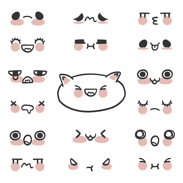 Vector hand drawn kawaii face illustrations