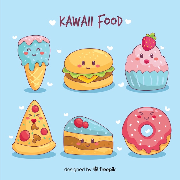 Collezione di cibo kawaii disegnata a mano