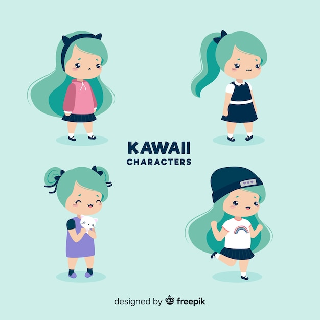 Hand drawn kawaii girl collection