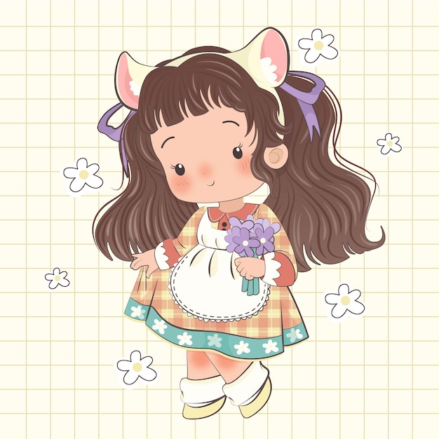 Vector hand drawn kawaii girl illustration