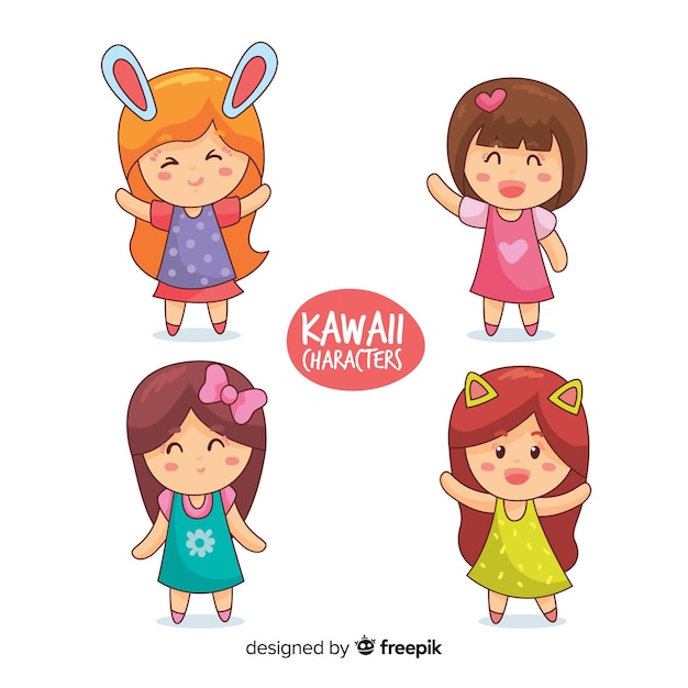 Vettore collezione di ragazze kawaii disegnate a mano