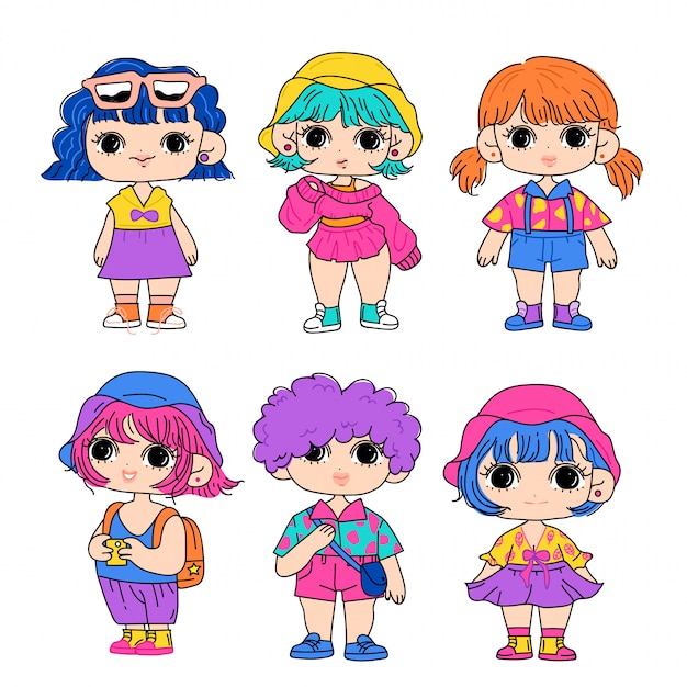 Vector hand drawn kawaii girls collection