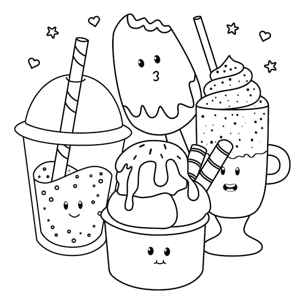 Hand drawn kawaii kids coloring page illustration with juice and ice cream