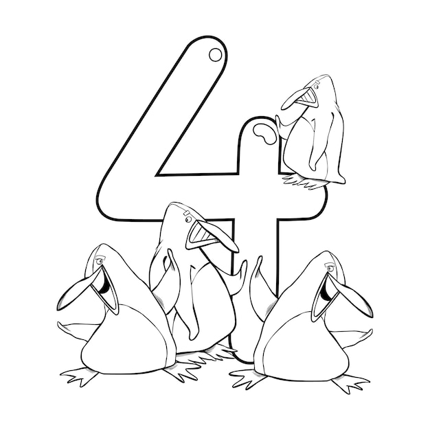 Hand Drawn Kawaii Number 4 Coloring Page Illustration