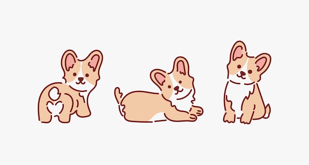 Hand drawn kawaii playful cute Corgi and Shiba Inu dogs in various poses