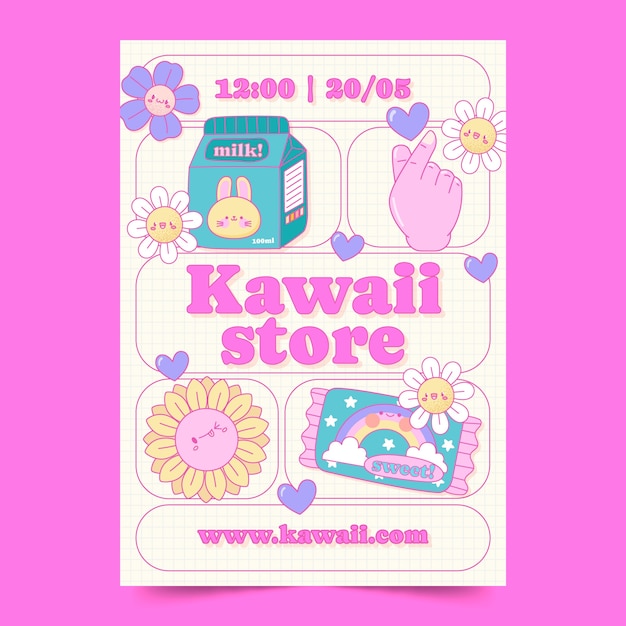 Vector hand drawn kawaii poster template