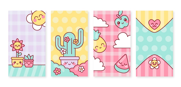 Vector 손으로 그린 카와이 스타일 인스타그램 스토리 컬렉션