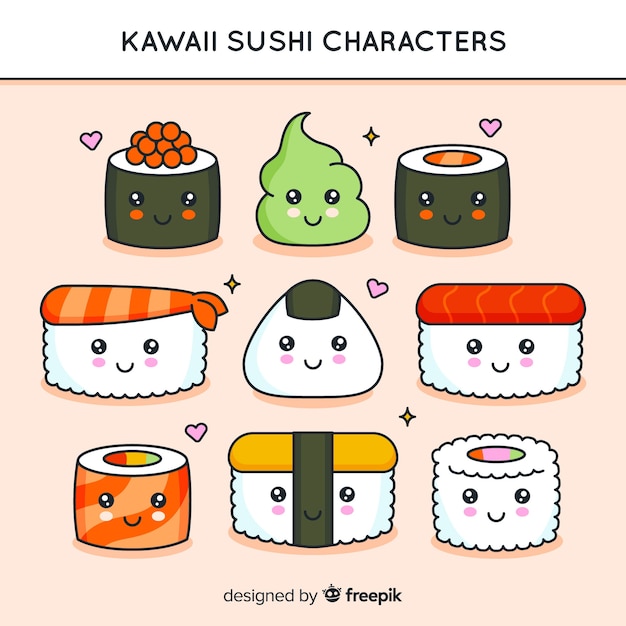 Vettore confezione di sushi kawaii disegnata a mano