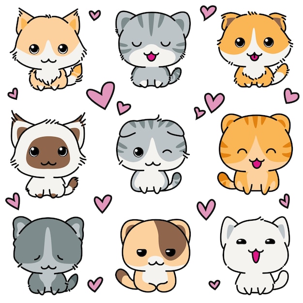 Hand drawn kawaii tiny baby kittens doodle