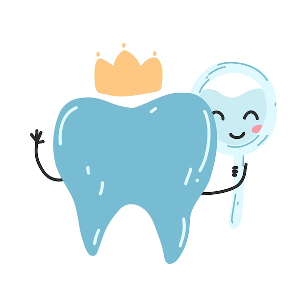 Vector hand drawn kawaii tooth character looks in the mirror vector illustration of clean healthy teeth with crown dental care concept oral hygiene