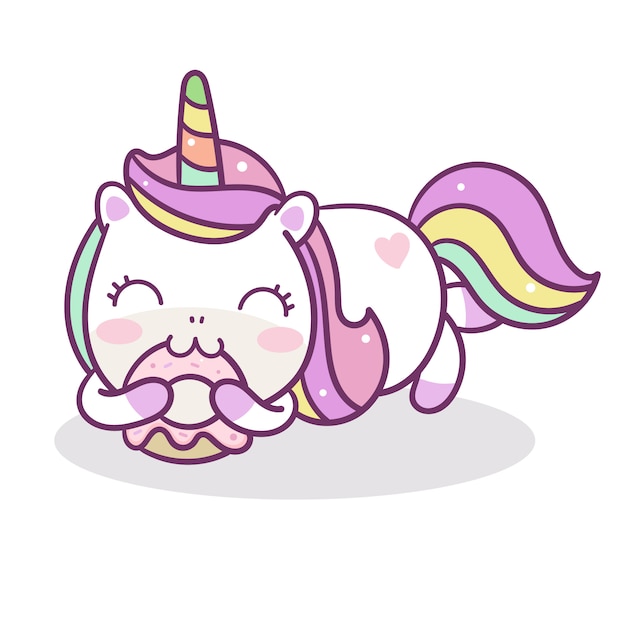 I caratteri kawaii unicorno disegnati a mano mangiano la ciambella