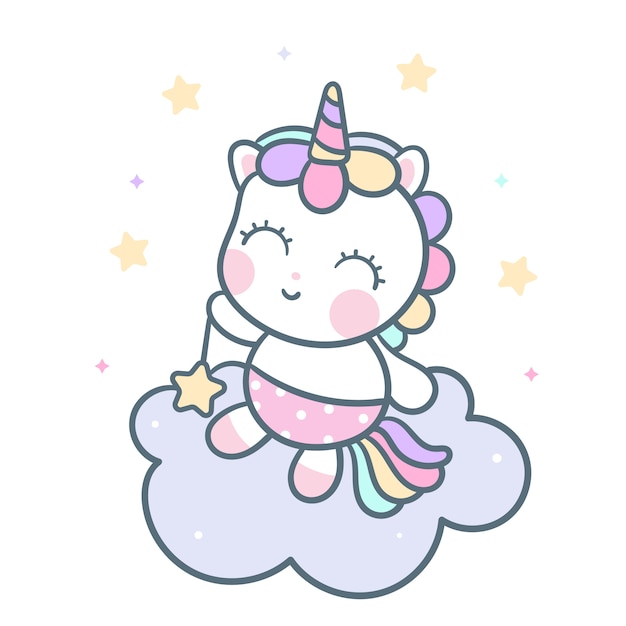 Hand drawn kawaii unicorn vector on cloud