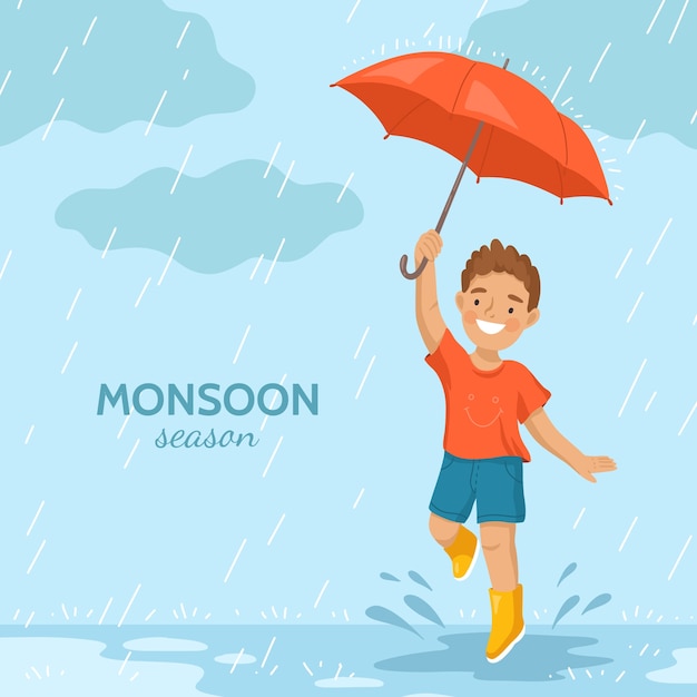 Hand drawn kid monsoon season illustration