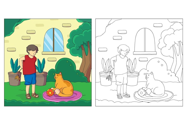 Hand drawn Kid and Pet Coloring page 10